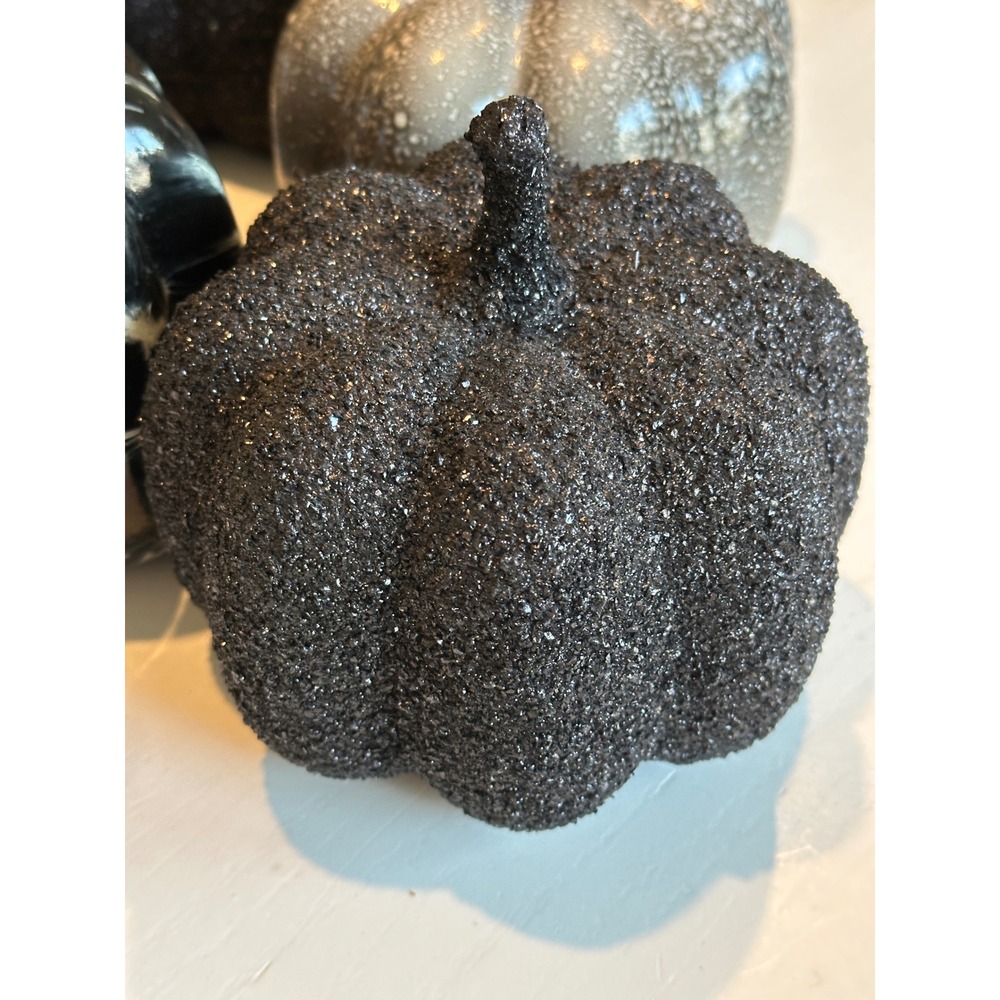 Black and Silver Decorative Pumpkins Set of 5 Glitter Marble Speckled Halloween - Picture 2 of 11